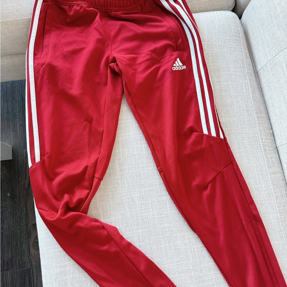 Adidas Womens Red Joggers with White Stripes
